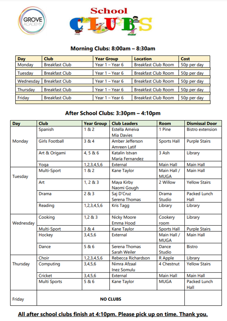 Updated clubs list Autumn 2023