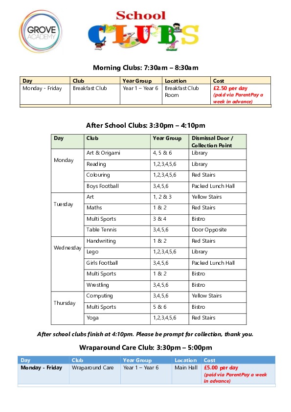 Primary Autumn Clubs list 2024 2025