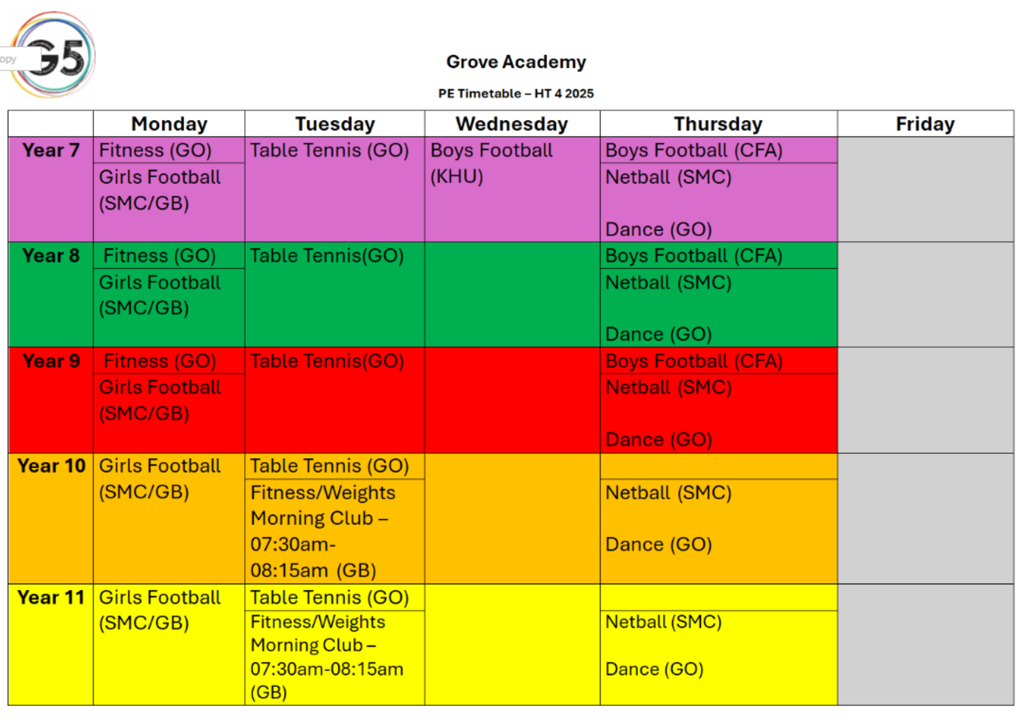 GA PE timetable HT 4 2025