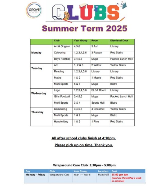 Primary Summer Term 2025 clubs list
